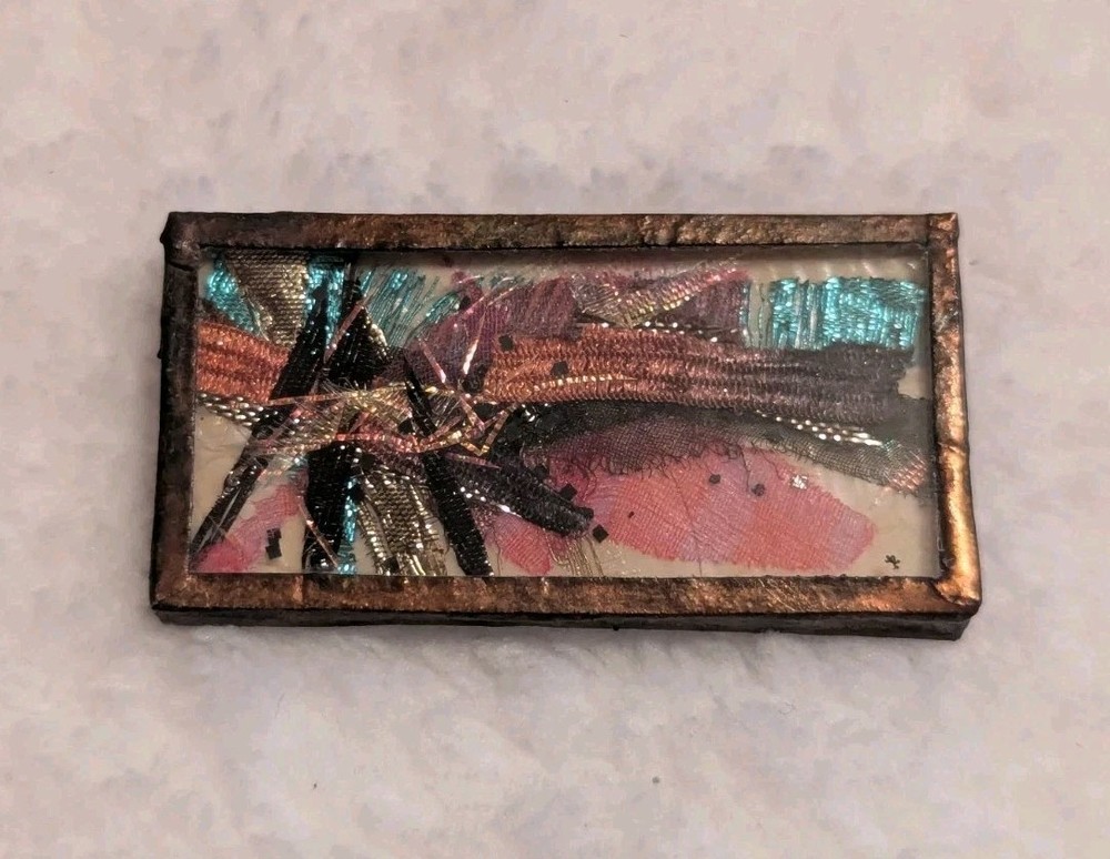 Vintage Abstract Art Brooch Mixed Media Artisan Silk Metal Frame Pin OOAK 2 x 1