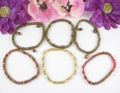 Lot of 6 Vintage BRACELETS Goldtone BEADED Orange Pinks Bead Metal Glass Plastic