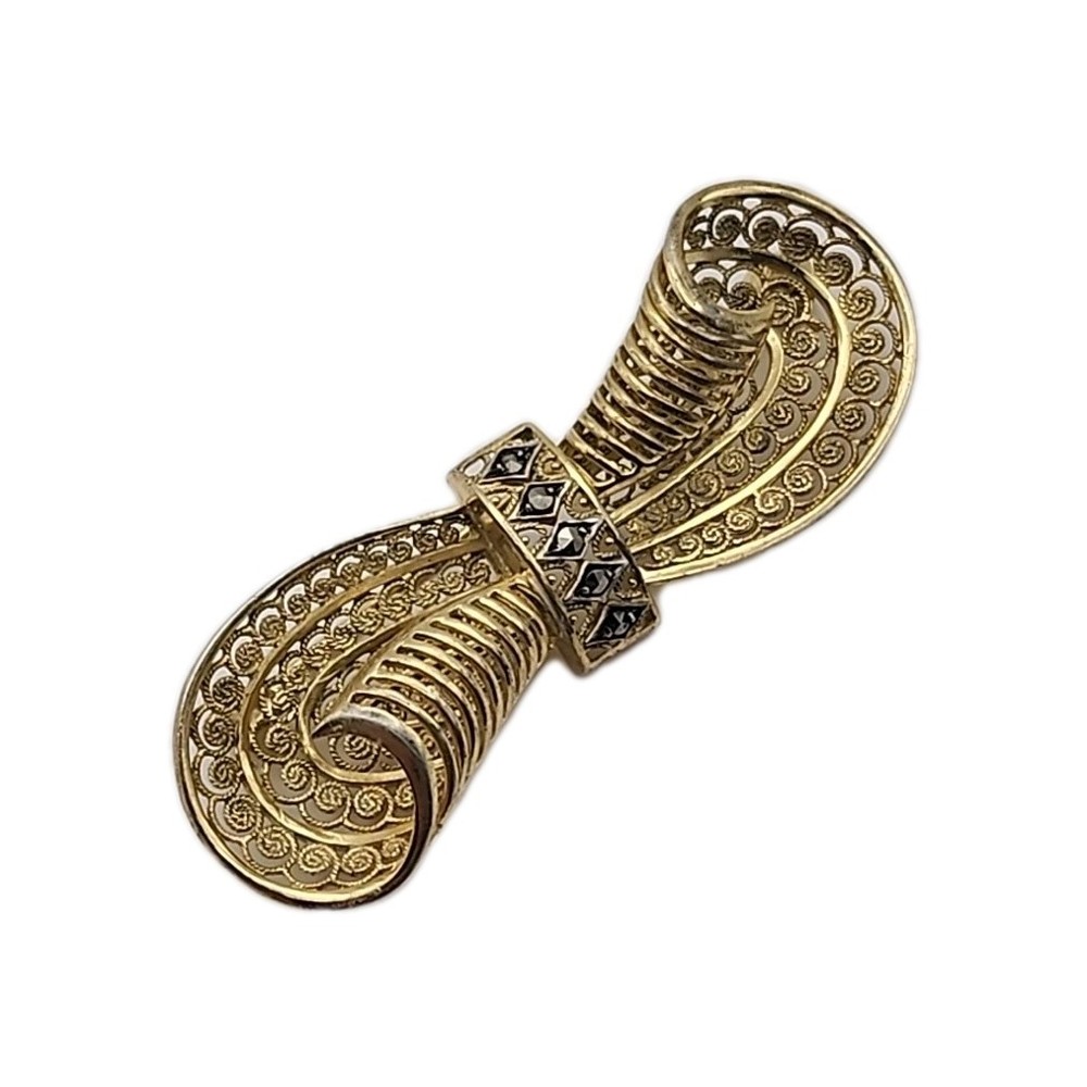 Vintage Gold Vermeil Sterling Germany Art Deco Markasite Filagree Scroll Brooch