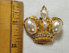 Vintage Royal Crown Tiara Brooch Pin Faux Pearl Cabochons And Clear Rhinestones