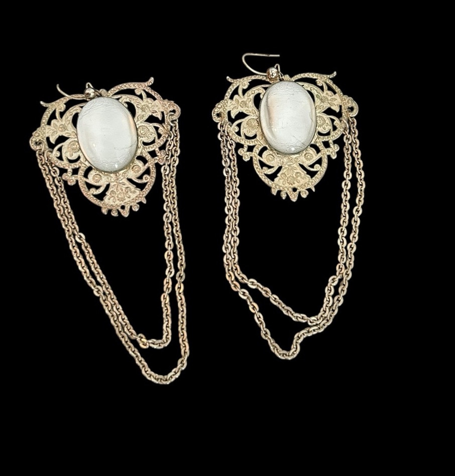 Vtg Butterfly Chandelier Dangling Earrings 3.5” Long Silver Toned Cabochon Stone
