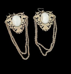 Vtg Butterfly Chandelier Dangling Earrings 3.5” Long Silver Toned Cabochon Stone