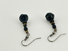 Beaded Dangle Drop Earrings Silver Tone Metal 1.75″ Length Black Amber Glass