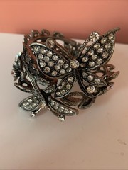 Vintage Blackened Silver Toned Butterfly Rhinestone Hinged Cuff Bracelet