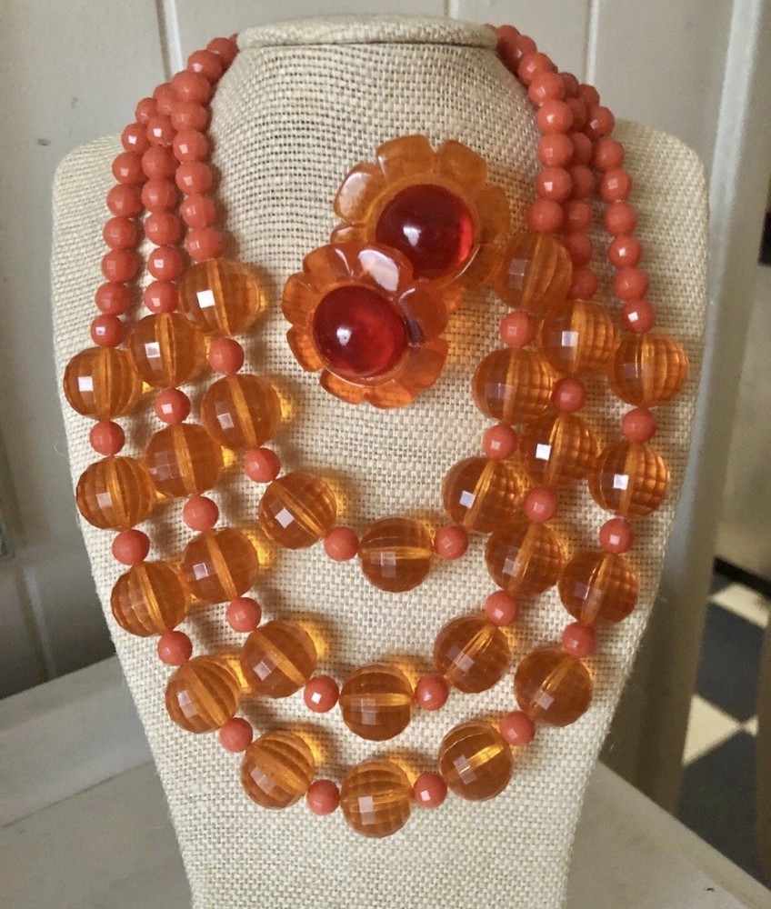 Vintage 60s Necklace Earrings Lucite Mod Plastic Set Lot Flower Orange Red