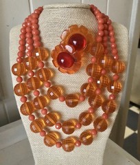 Vintage 60s Necklace Earrings Lucite Mod Plastic Set Lot Flower Orange Red