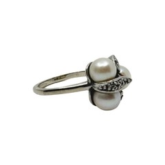 Vtg 14K Solid White Gold Diamond Triple Akoya Saltwater Cultured Pearl Ring 5.75