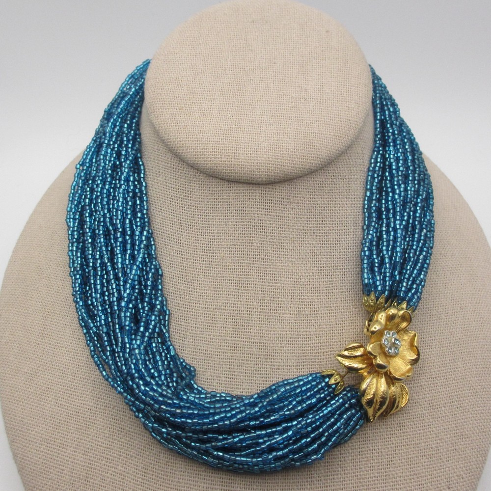 Vtg Glass Sead Bead Necklace Rhinestone Clasp Blue Multistrand Gold Tone 15 Inch