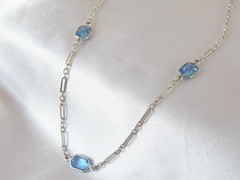 Antique Sterling Silver 925 Blue Gemstone Station Vintage Paperclip Necklace 25″