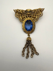 Vintage West Germany Brooch Blue Glass Gold Tone Signed FANTASTIC