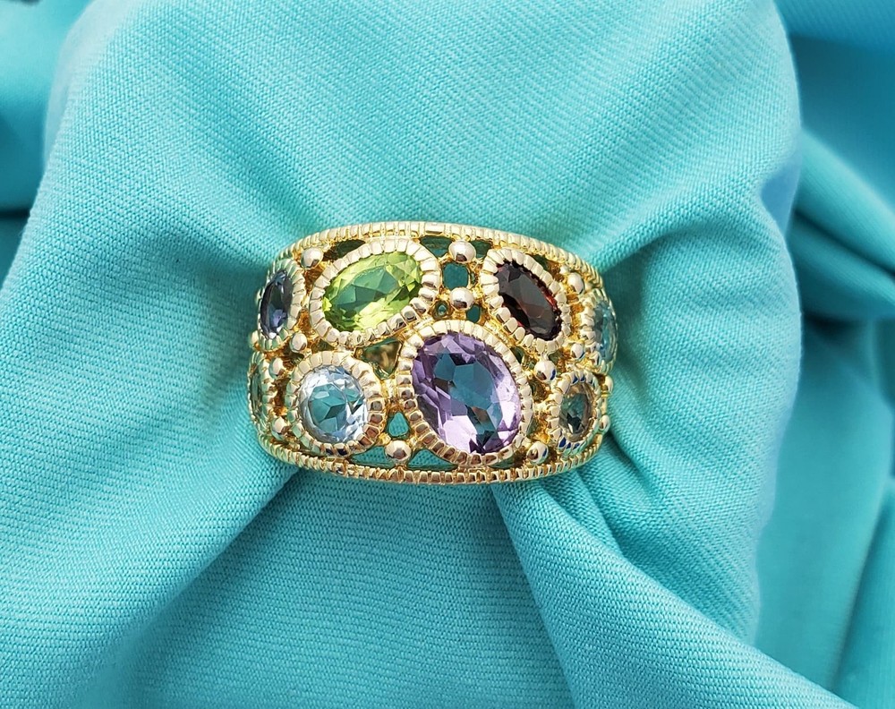 Silver Vermeil WIDE Multi-Gemstone Band-Sterling Silver-Gold Plated-Over 1tcw