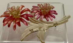 Vintage Pink Clear Lucite Style Flower Brooch Large Dimensional Floral Pin