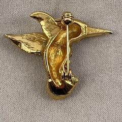 Gold Tone Hummingbird In Flight Green Eyed Rhinestone Brooch Pin Jewelry