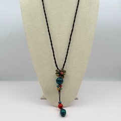 Vintage 90s Flower Pendant Necklace Glass Beads Brown Silk Cord Boho Jewelry