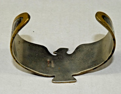 Vintage Mexican Thunderbird Brass Cuff Bracelet Abalone Shell Inlay 1960s