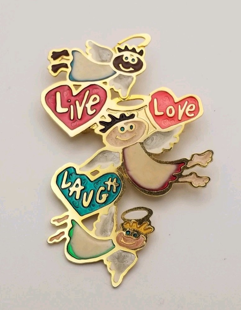 Vintage “Live Love Laugh” Gold Tone Brooch Angels Hearts Colorful Enamel Accents
