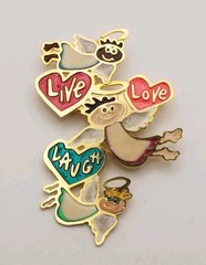 Vintage “Live Love Laugh” Gold Tone Brooch Angels Hearts Colorful Enamel Accents