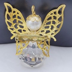 Angel Filigree Wings Gold Tone Faux Pearl Acrylic Vintage Pendant Brooch Pin