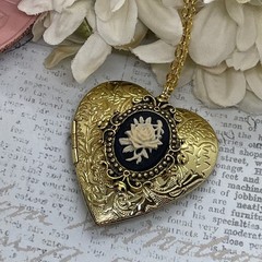 Gold Heart Locket Victorian Anniversary Wedding Cream Black Rose Cameo Necklace