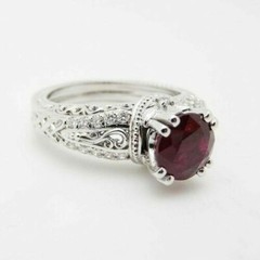 Art Deco Style Round Red Garnet & Lab Created Diamond Engagement 925 Silver Ring