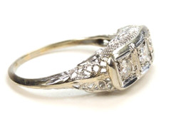 Antique Three Diamond Engagement 14K White Gold Ring Size 7.25 UK-O EGL USA Deco