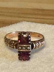 Antique Victorian, Ring, Garnet And Seed Pearls, 10 K Gold