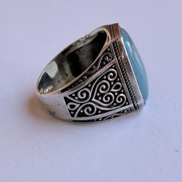 Ancient Vintage Victorian Sterling Silver Ring Engraved Aquamarine Stone Size9.5
