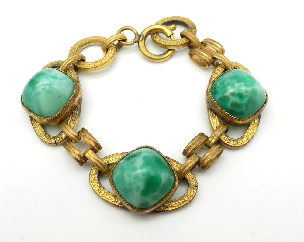 Antique Peking Glass High Cabochon Brass Chain Link Bracelet AS IT