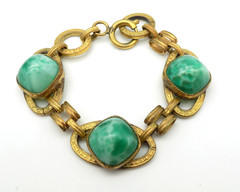 Antique Peking Glass High Cabochon Brass Chain Link Bracelet AS IT