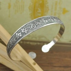 Retro Tibetan Silver Cuff Bracelet Carved Fish Elephant Flower Vintage Bangle