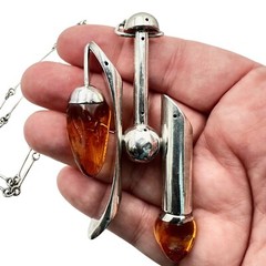 Unusual Rare Vintage Modernist Sterling Silver Amber Necklace 2 Bugs In Amber