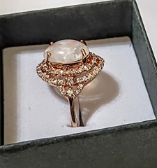 Vintage Cabachon Moonstone CZ Rose Gold 925 Sterling Statement Estate Ring 8.25