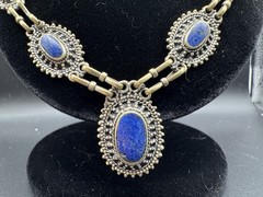 Vintage Lapis Lazuli Afghan Tribal Boho Brass Pendant Necklace & Earring Set