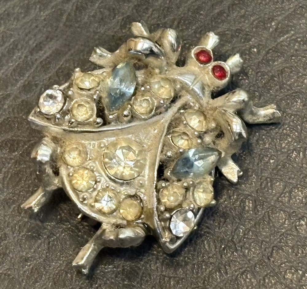 Vintage Art Deco Pot Metal Silver Tone Rhinestone Red Eyes Ladybug Pin Brooch