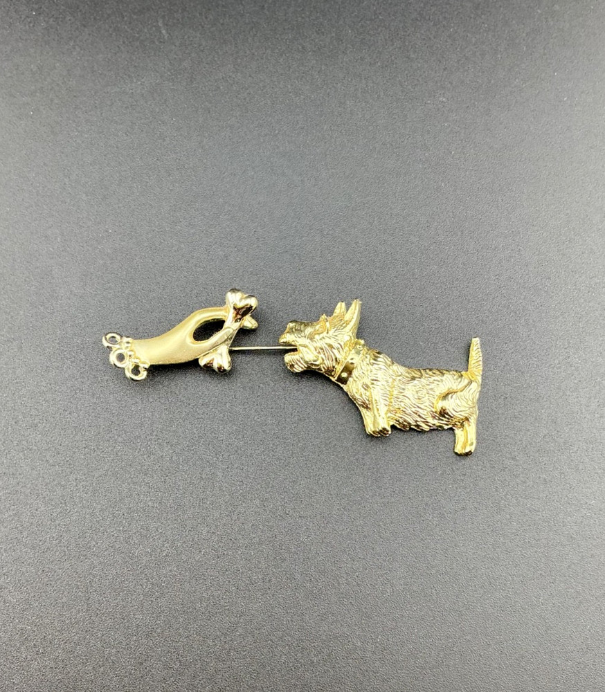 Scottie Dog Stick Pin Brooch Hand With Treat Gold Tone Large 3.5 inches