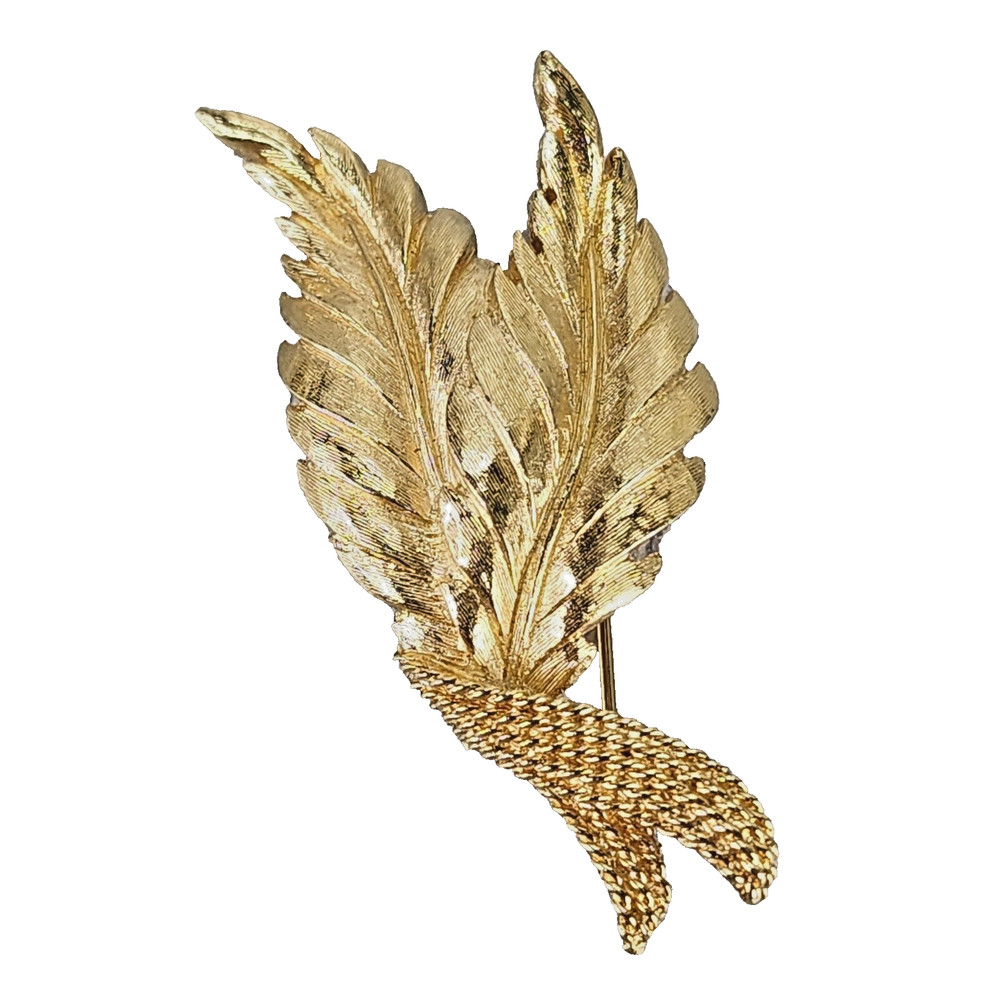 Vintage MONET Signed Brooch Pin 2” Gold Tone Textured Double Leaf Quiet Elegance