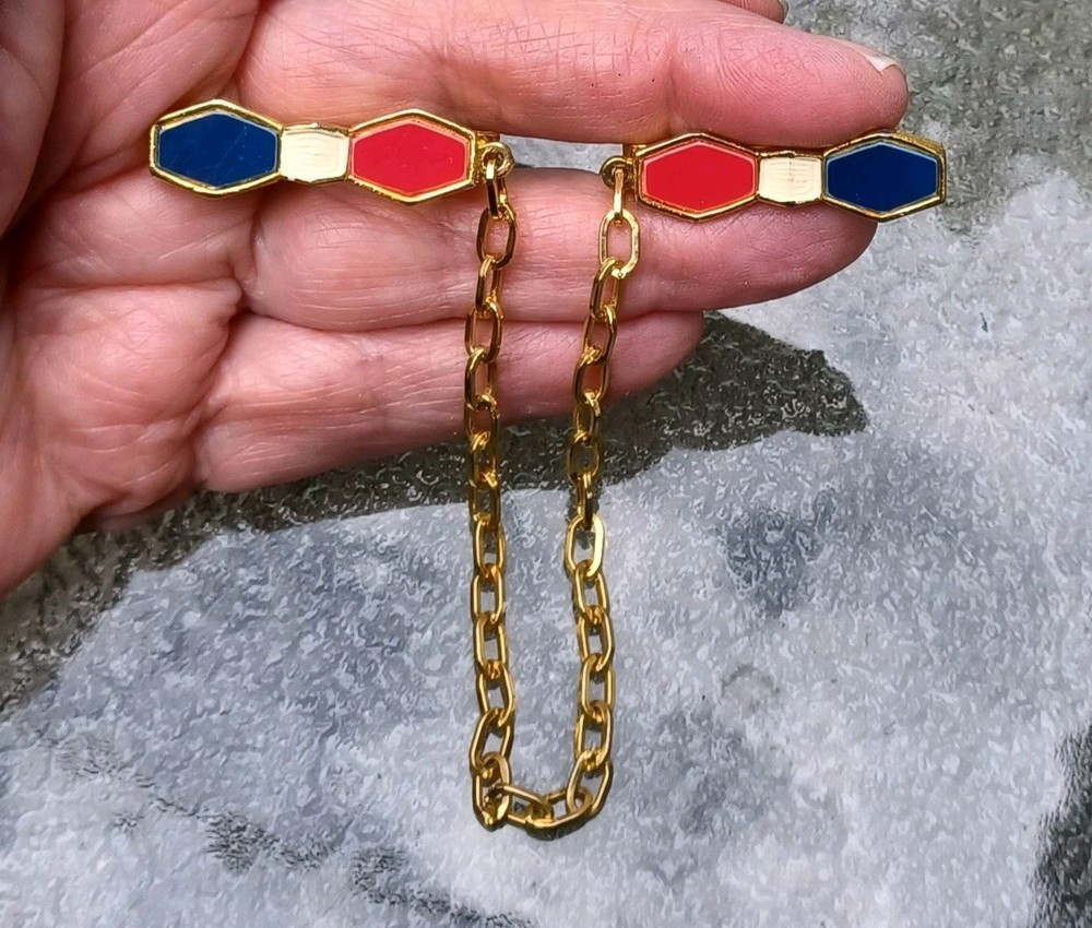 Vintage Red White Blue Enamel Hexagon Shape Gold Tone Sweater Clips Guard