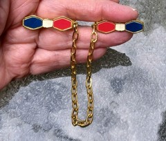 Vintage Red White Blue Enamel Hexagon Shape Gold Tone Sweater Clips Guard