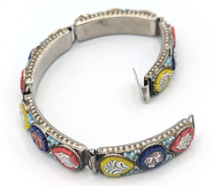 Vintage Micro Mosaic Link Bracelet Multi Color Floral Silver Tone 5 Panel