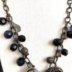 Vtg. Victorian Style Necklace Star Pendant Cameo Charms Black Glass Beads Brass