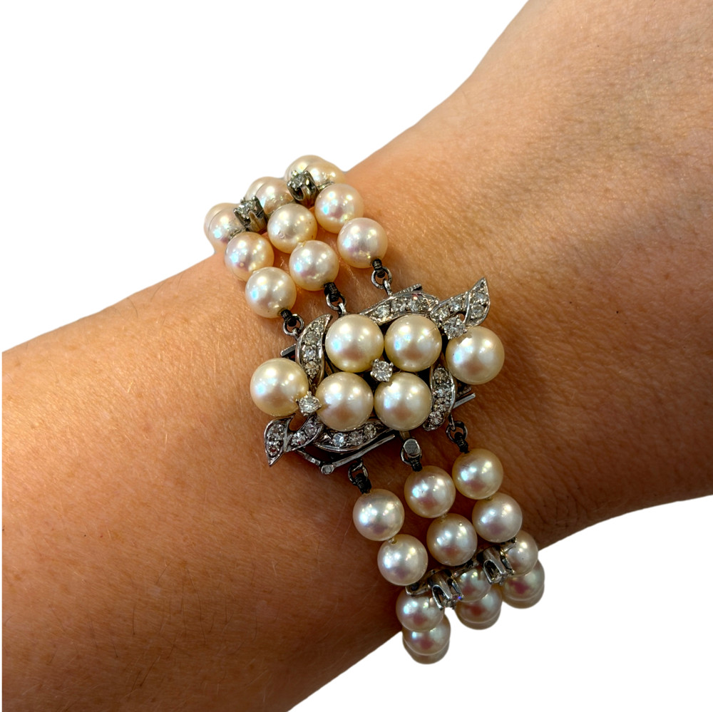 Vintage Three-Strand Akoya Pearl & Diamond Bracelet 10K White Gold 5.50-6mm
