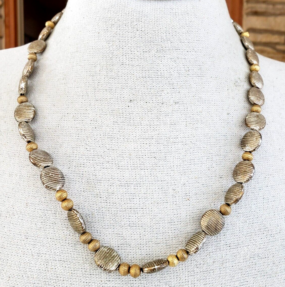 Vintage Oval Ribbed Flat Bead Frosted Silver & Gold Tone Necklace Sterling Clasp
