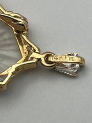 14K Solid Gold Art Deco Camphor Glass Diamond Filigree Pendant Brooch Pin 1.5″