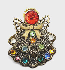 Angel Double Skirt Rhinestone Filled Filigree Wings Gold Tone Pin Lapel Family
