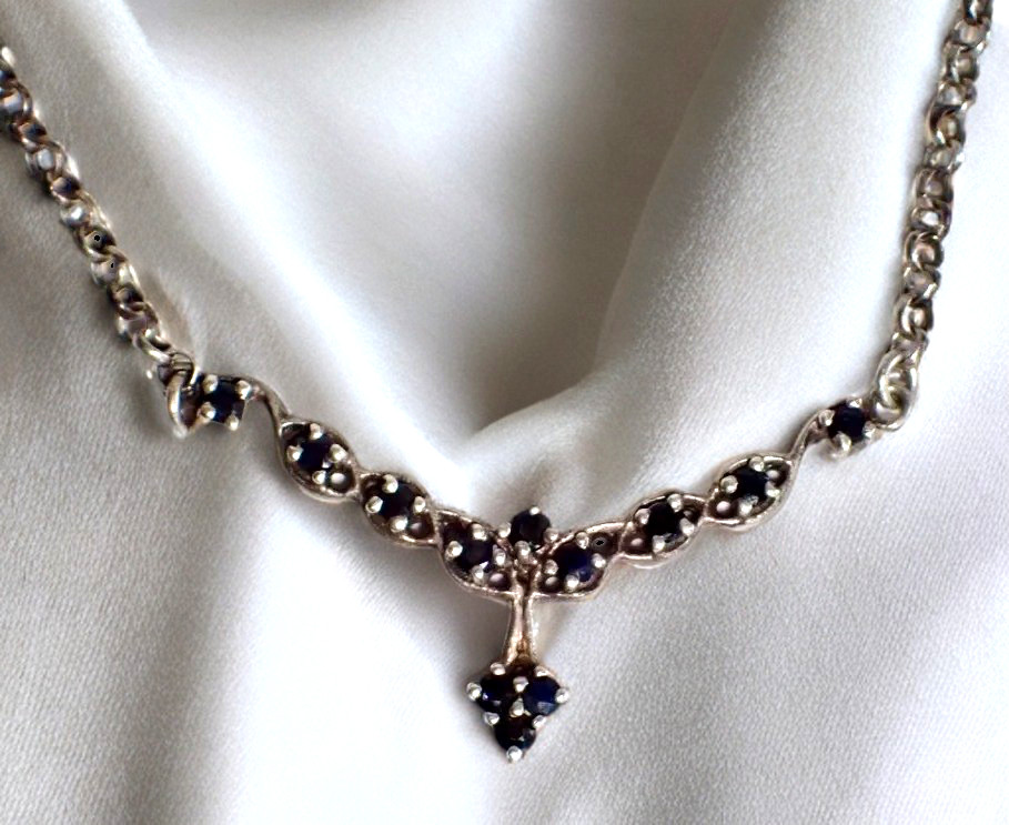 Sterling Silver Sapphire Y-Drop Necklace 12 gems 6.55 grams 17″ One of a Kind