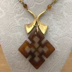 Quatrefoil Pendant Necklace Amber Color Lucite Metal Textured & Beaded Chain