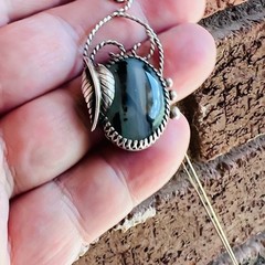 Sterling Silver Old Pawn 925 Necklace Pendant Southwest Moss Agate Oval Leaf 24″