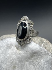 Vintage USSR 925 Silver Ring Black Stone Jewelry Size 7