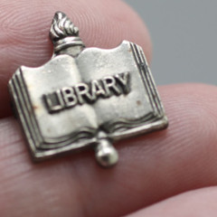 Vintage 925 sterling silver small pin Library open book letters lapel brooch