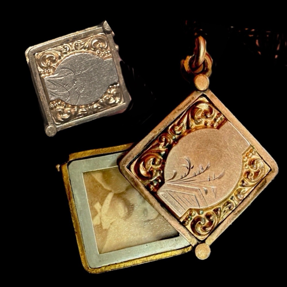 Antique 9.18g Victorian Etruscan Rare Slide Open Locket Pendant Etched Gold Fill